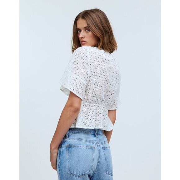 Madewell Eyelet Tie Front Top Short Sleeve V Neck Soft White NWT Size Large - Picture 3 of 13